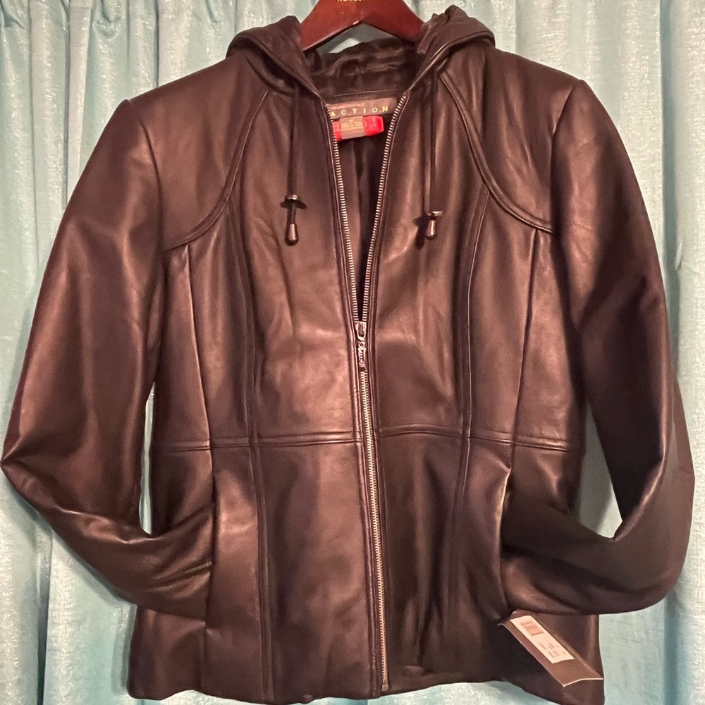 Black Lamb Leather Jacket with Hood